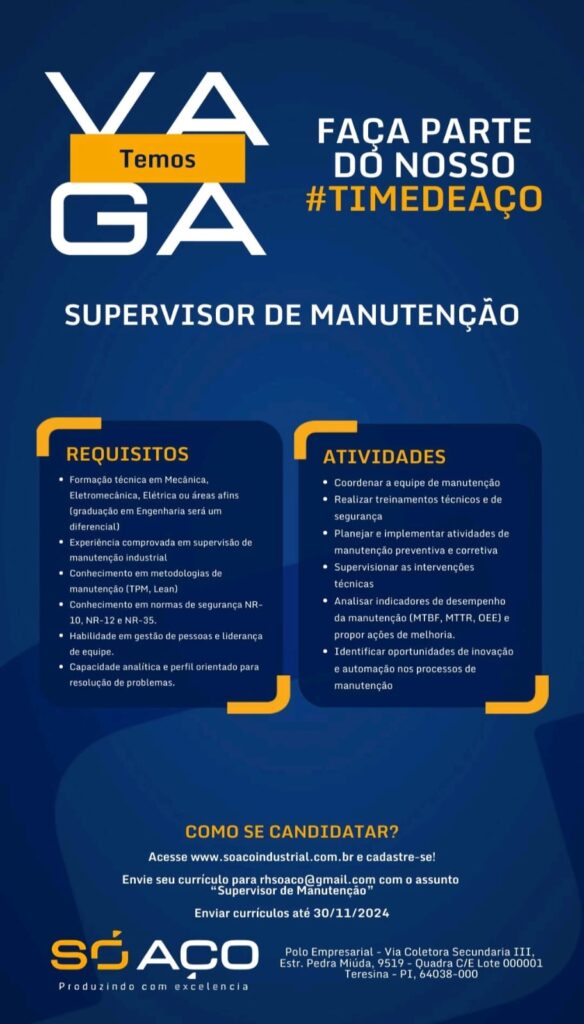 Vaga para Supervisor de Manutenção