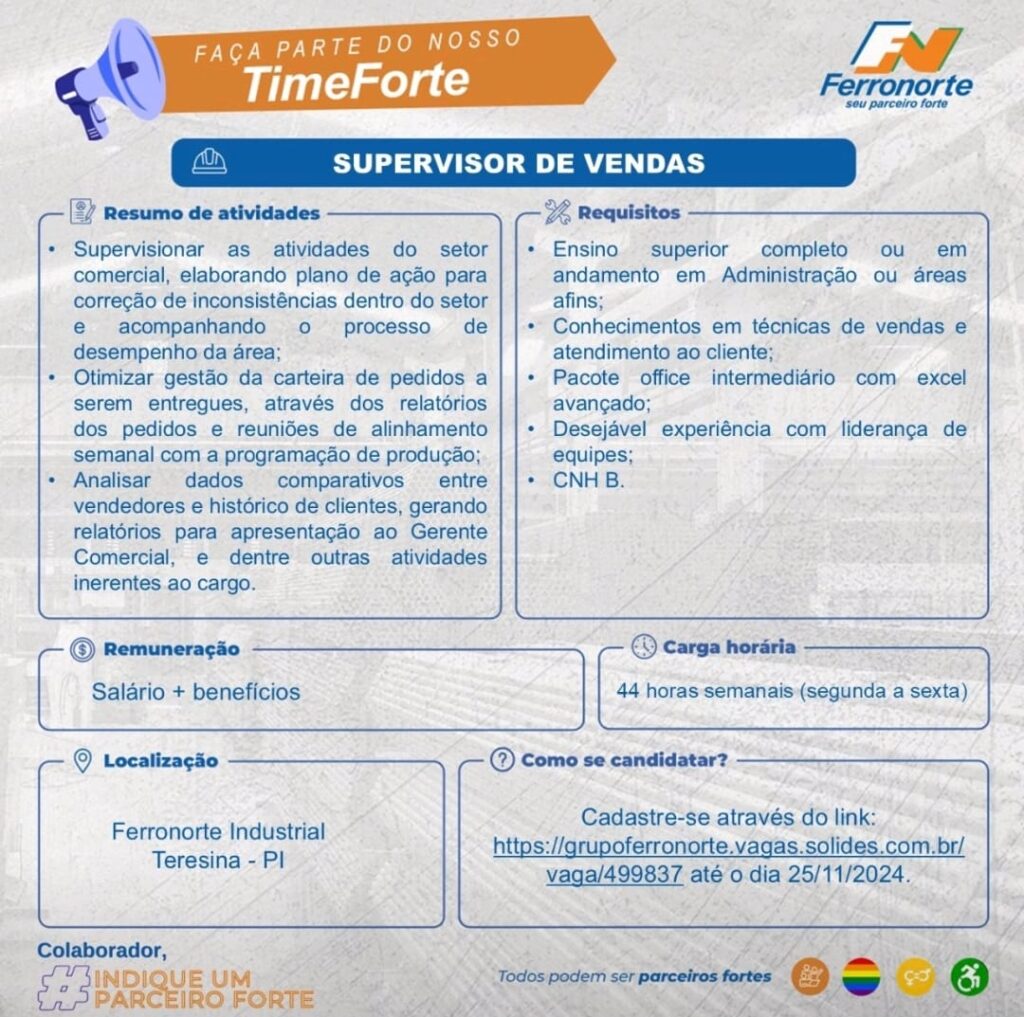 Vaga para Supervisor de Vendas