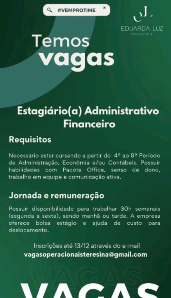 Vaga de Estágio para Administrativo Financeiro