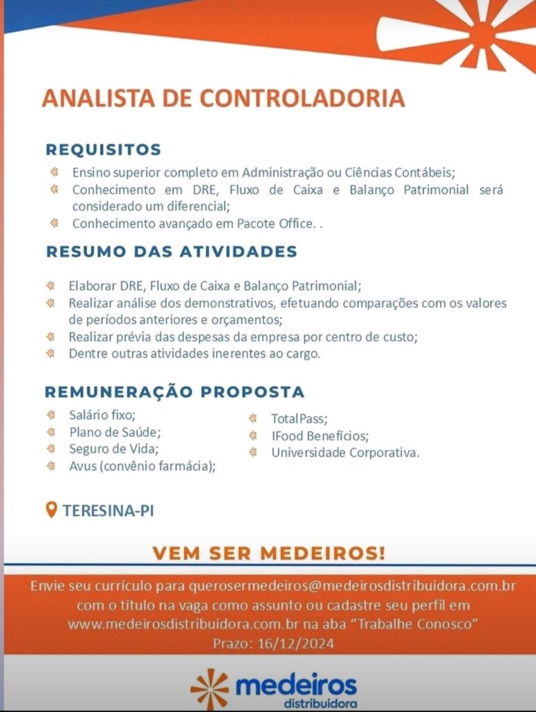 Vaga para Analista de Controladoria