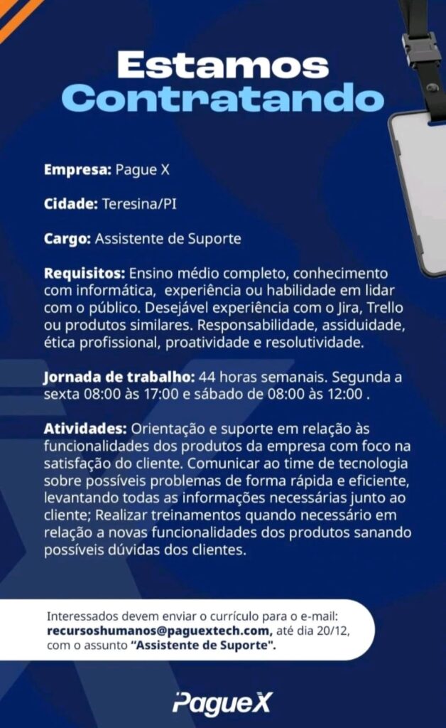 Vaga para Assistente de Suporte