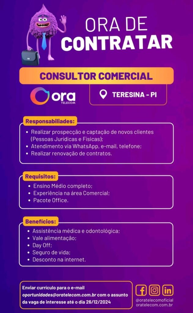 Vaga para Consultor Comercial