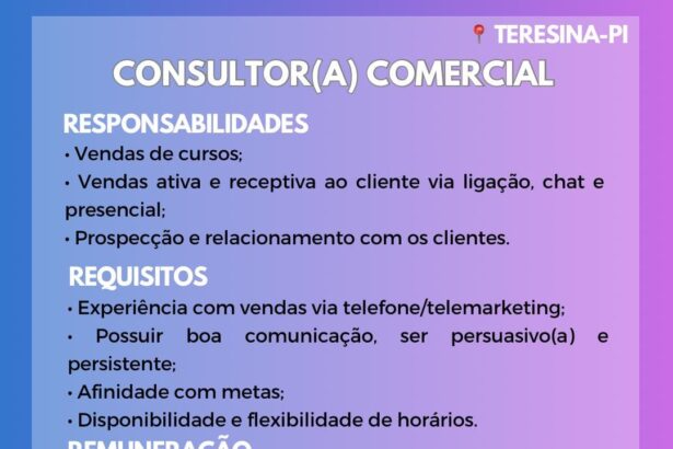 Vaga para Consultor(a) Comercial