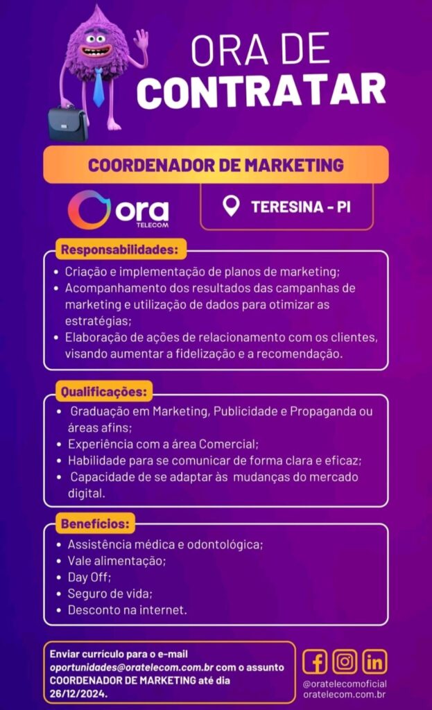 Vaga para Coordenador de Marketing