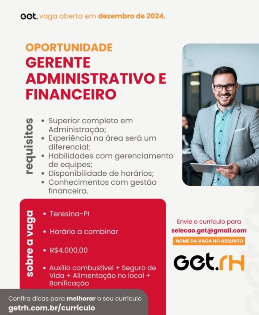 Vaga para Gerente Administrativo Financeiro