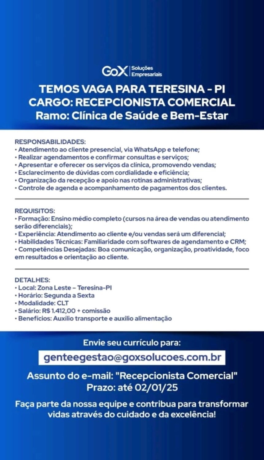 Vaga para Recepcionista Comercial