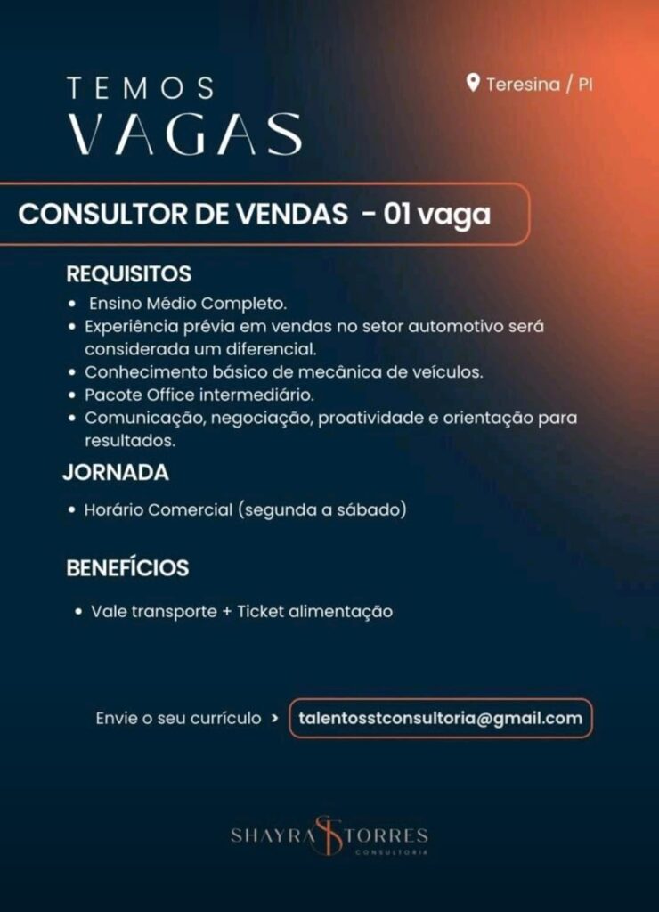 Vaga para Consultor de Vendas