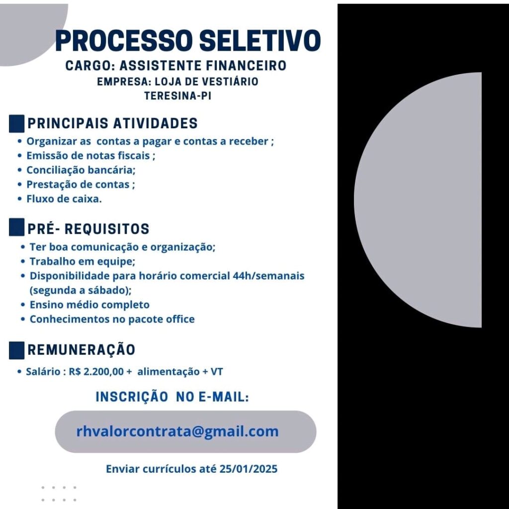 Vaga para Assistente Financeiro