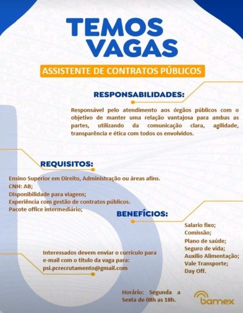 Vaga para Assistente de Contratos Públicos