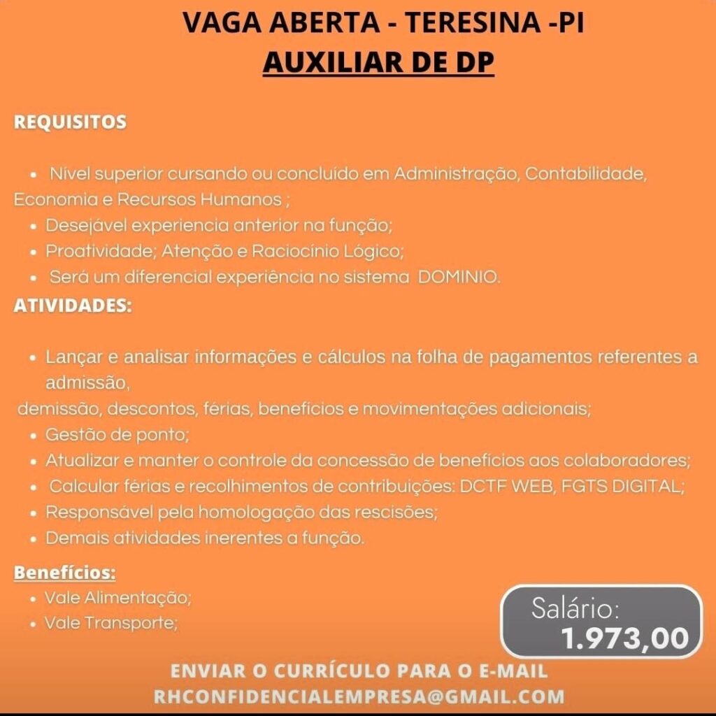 Vaga para Auxiliar de DP