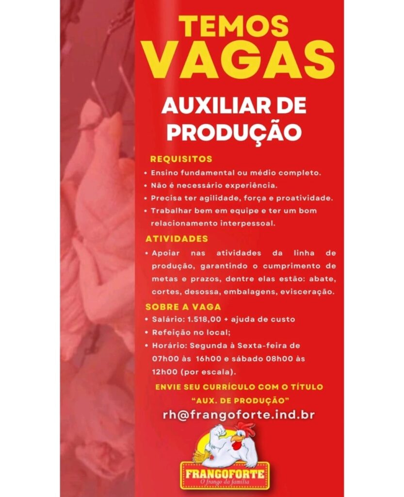 Vaga para Auxiliar de Produção