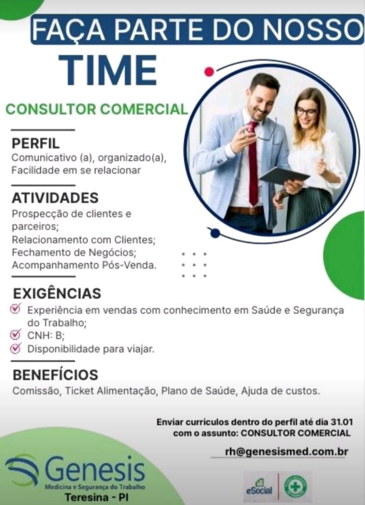 Vaga para Consultor Comercial