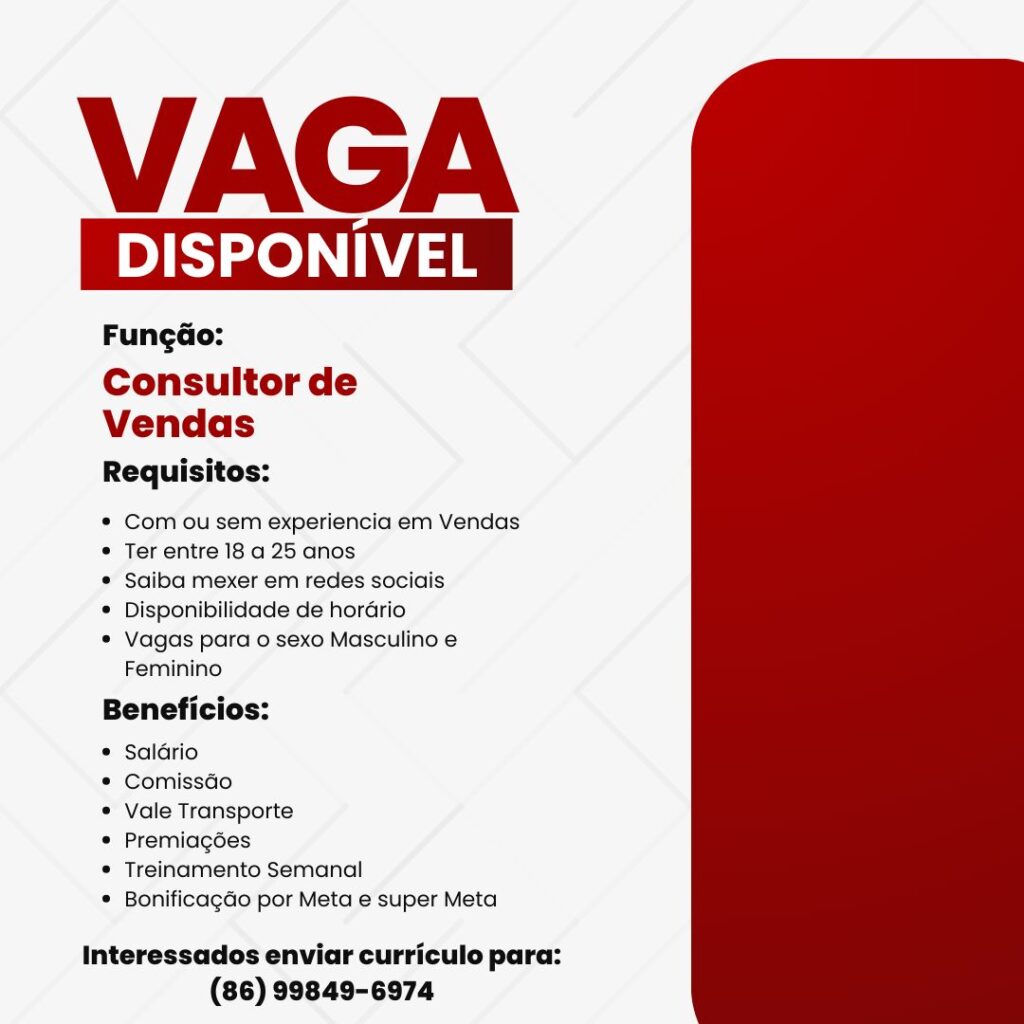 Vaga para Consultor de Vendas