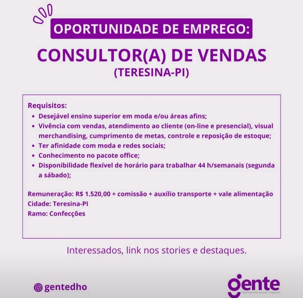 Vaga para Consultor(a) de Vendas