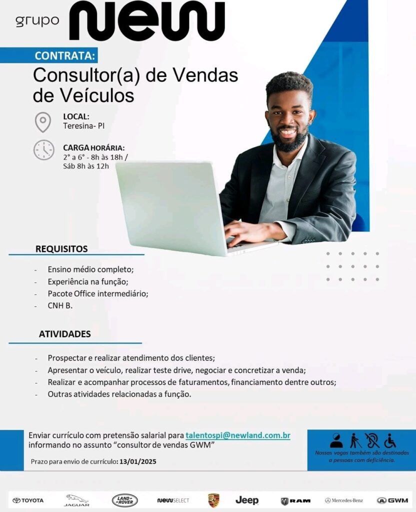 Vaga para Consultor(a) de Vendas de Veículos