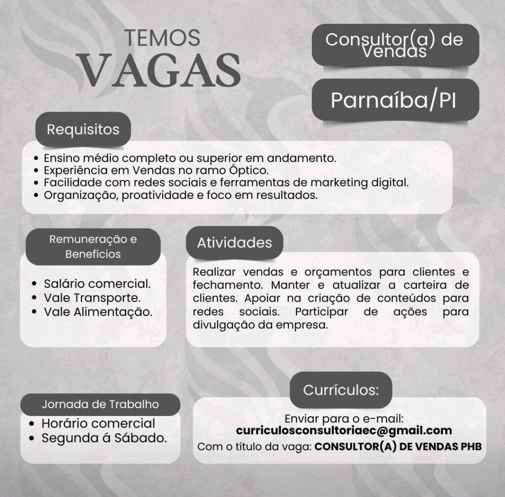 Vaga para Consultor(a) de Vendas em Parnaíba