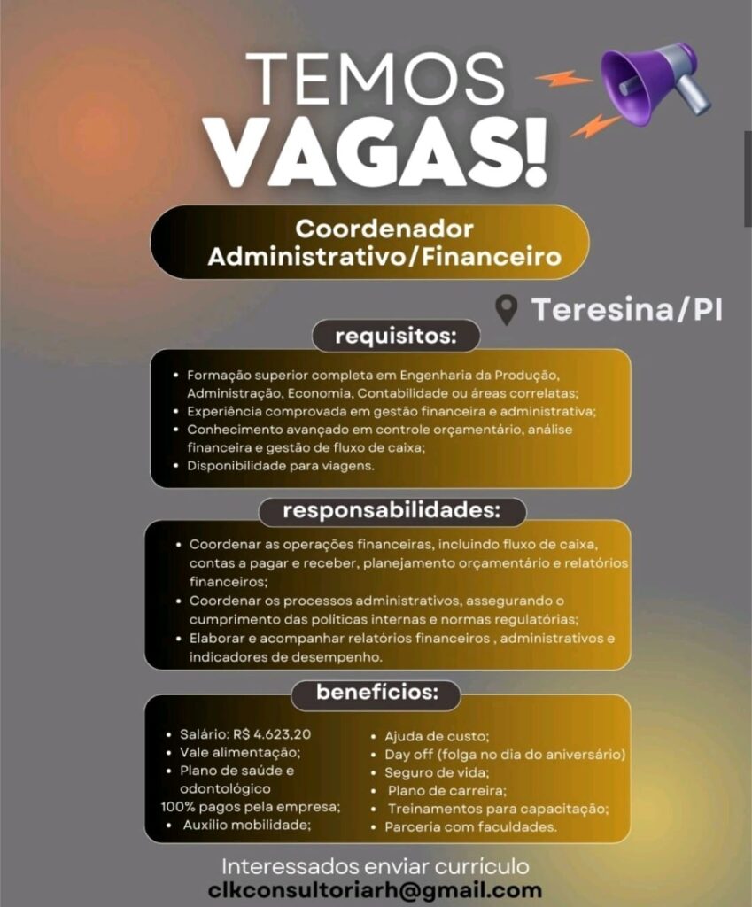 Vaga para Coordenador Adm/Financeiro