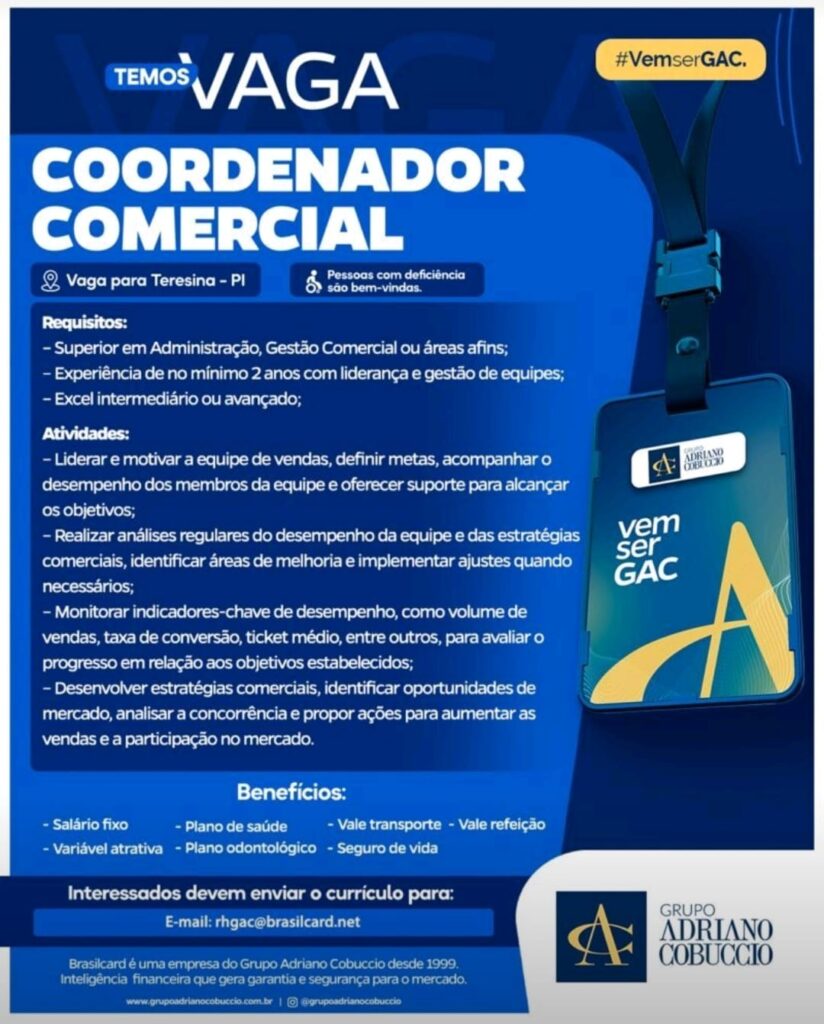 Vaga para Coordenador Comercial