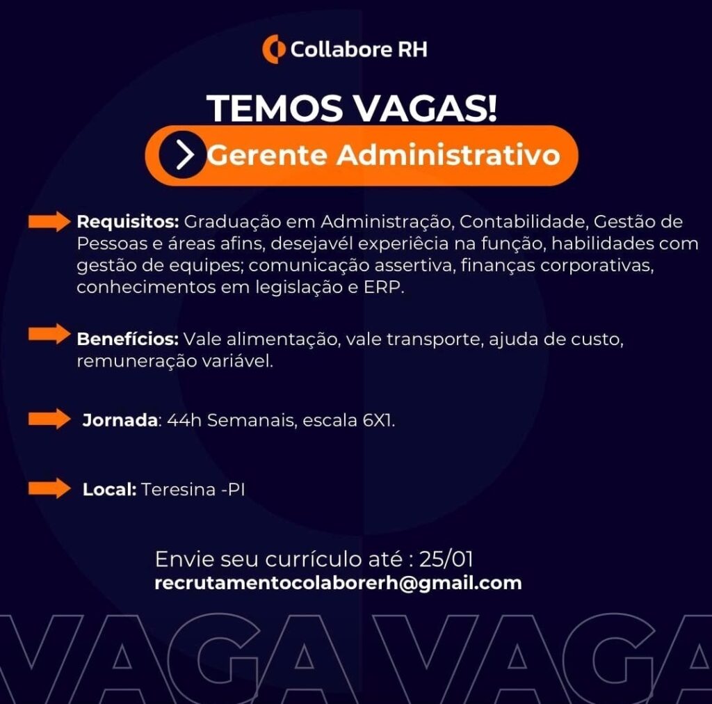 Vaga para Gerente Administrativo