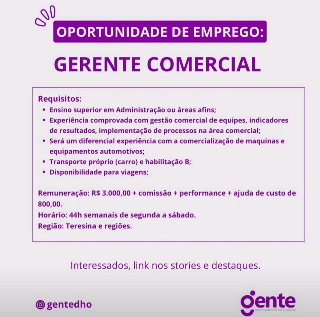 Vaga para Gerente Comercial