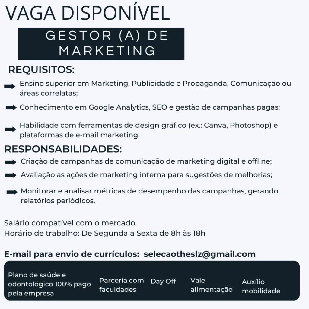 Vaga para Gestor(a) de Marketing