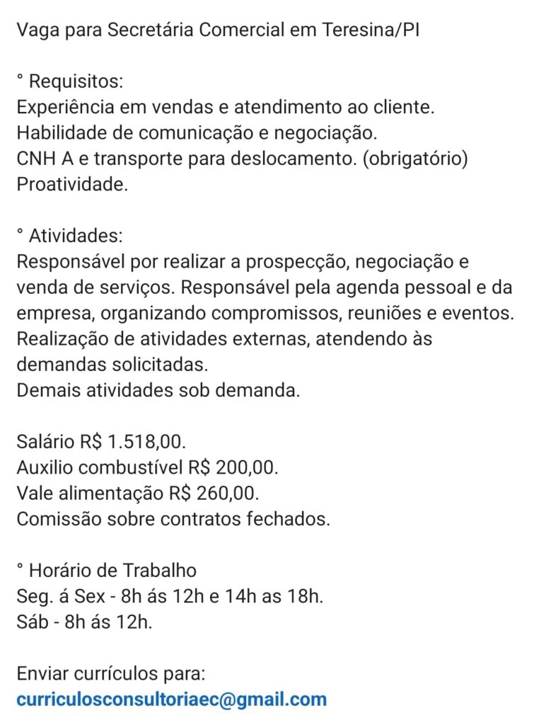 Vaga para Secretária Comercial