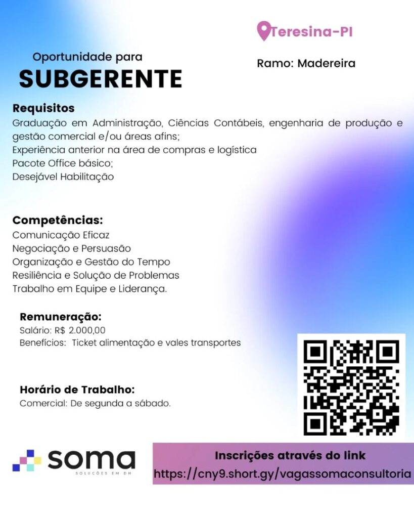 Vaga para Subgerente