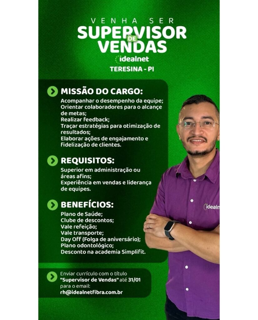 Vaga para Supervisor de Vendas