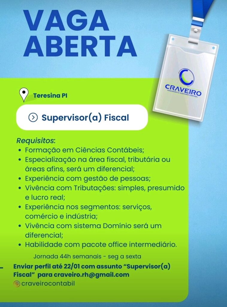 Vaga para Supervisor(a) Fiscal