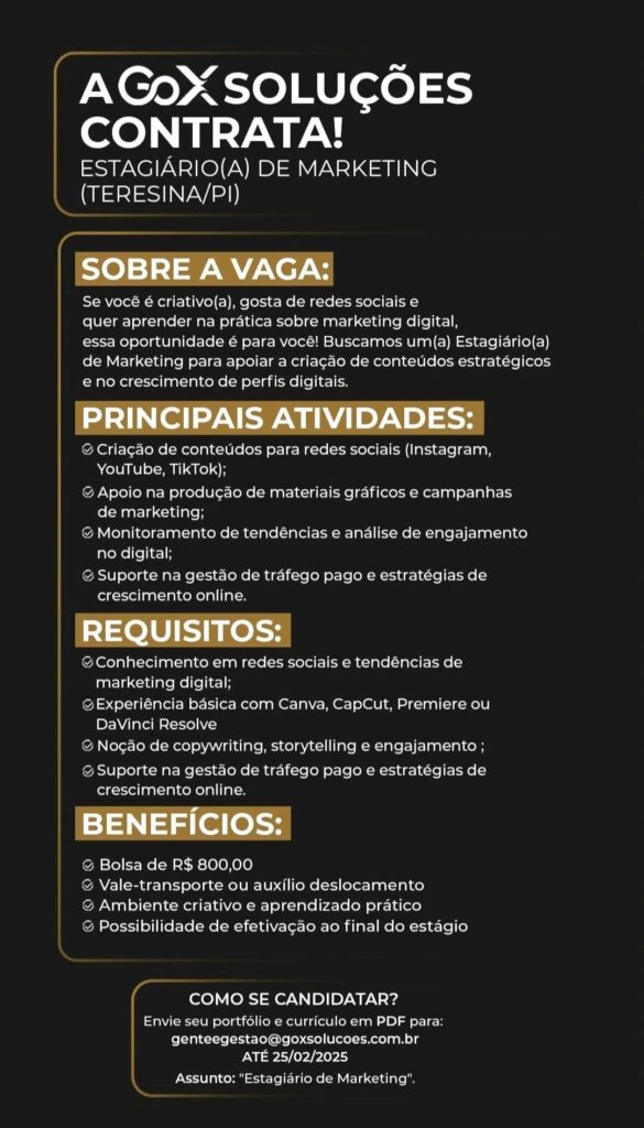 Vaga de estágio para Marketing