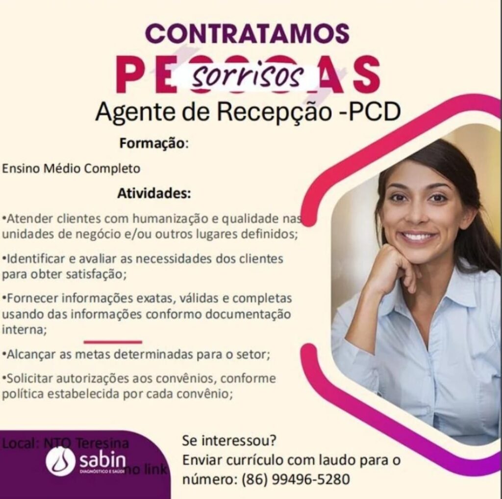 Vaga para Agente de Recepção (PCD)