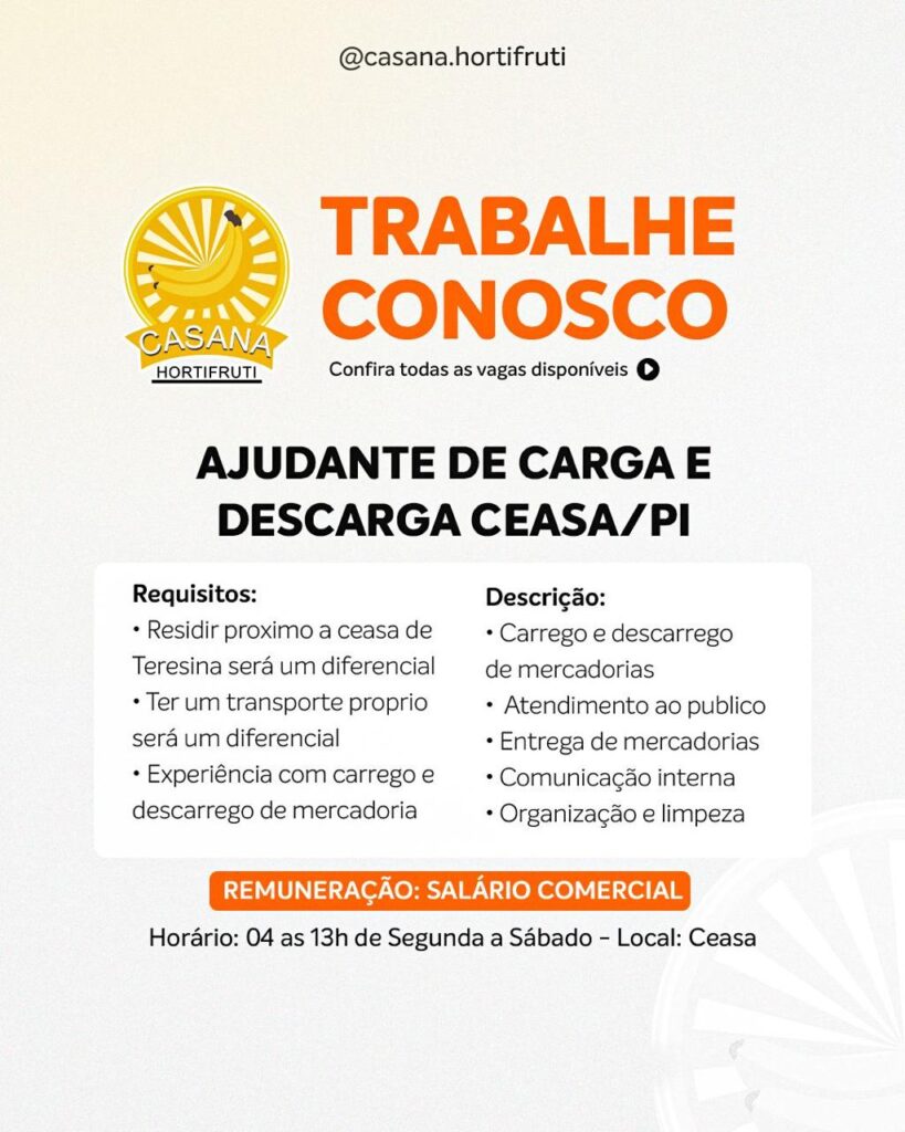 Vaga para Ajudante de Carga e Descarga Ceasa em Teresina