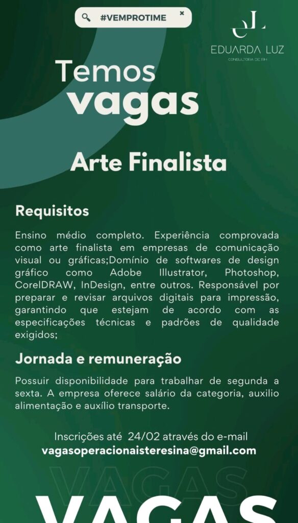 Vaga para Arte Finalista