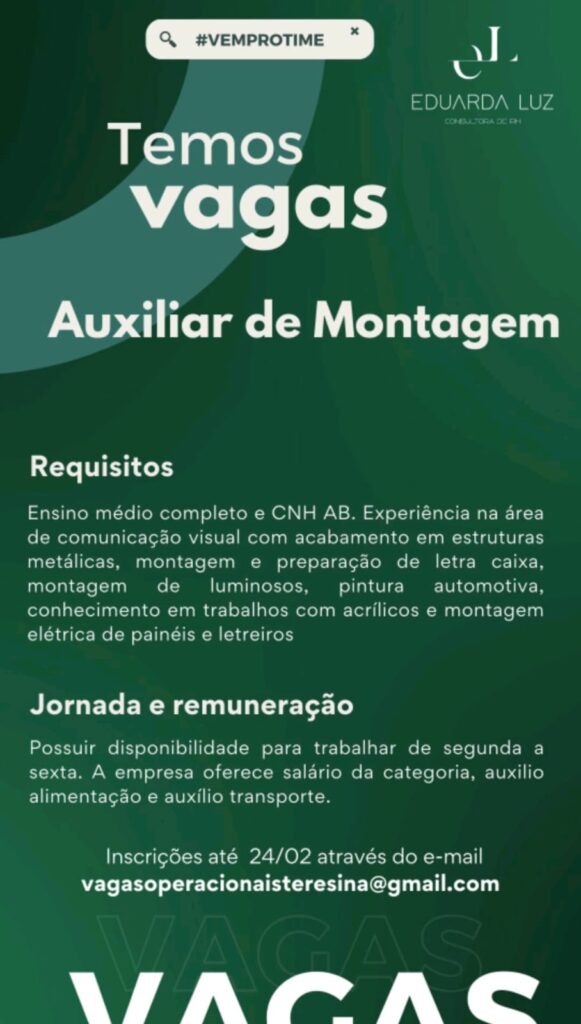 Vaga para Auxiliar de Montagem