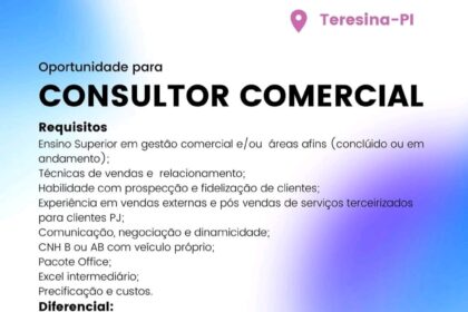 Vaga para Consultor Comercial