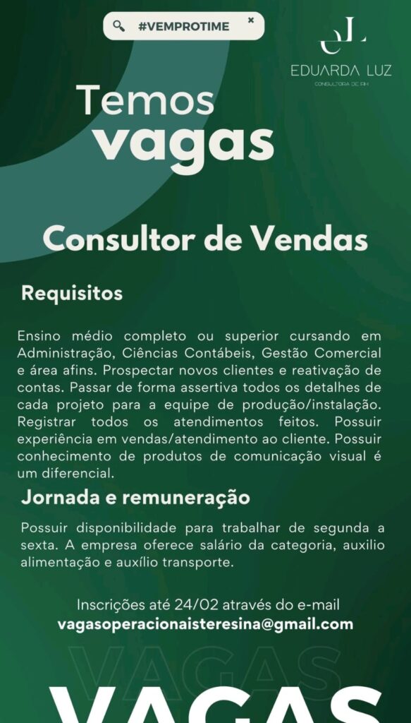 Vaga para Consultor de Vendas