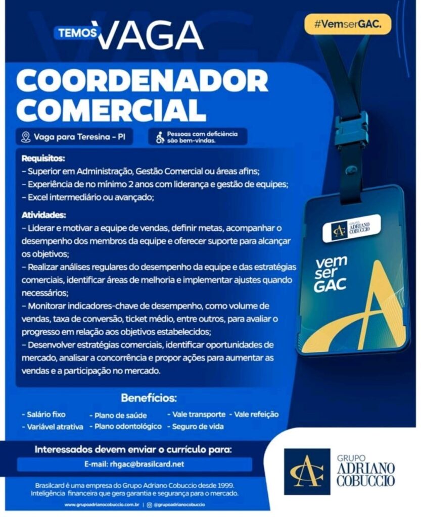 Vaga para Coordenador Comercial