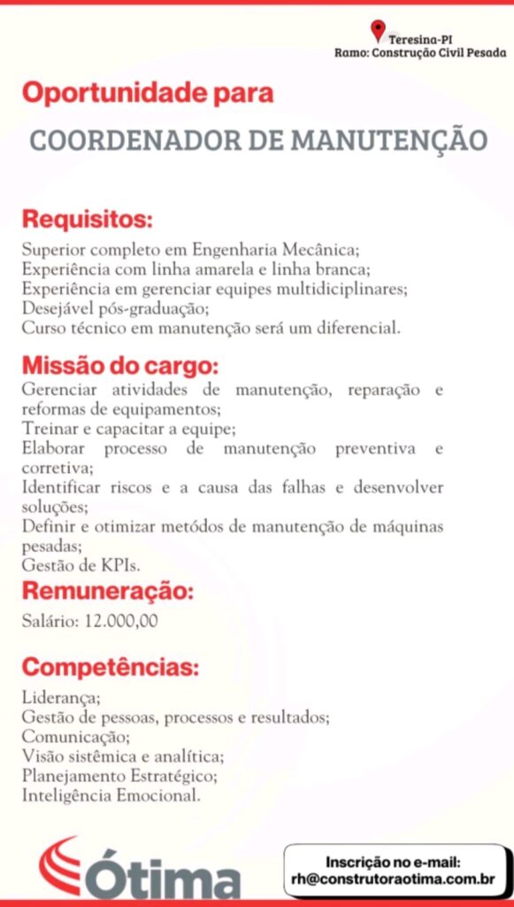 Vaga para Coordenador de Manutenção