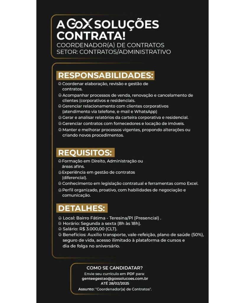 Vaga para Coordenador(a) de Contratos