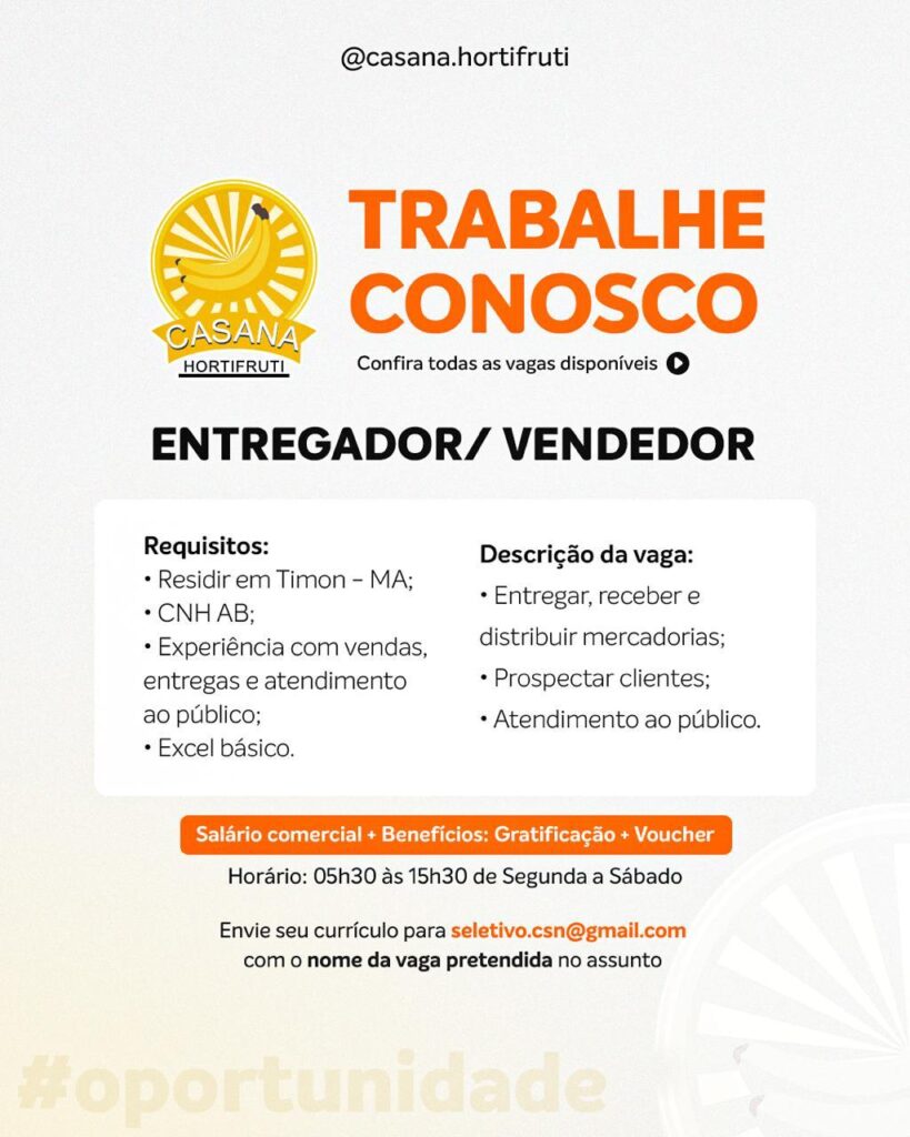 Vaga para Entregador/ Vendedor em Timon