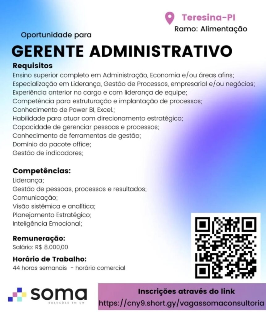 Vaga para Gerente Administrativo