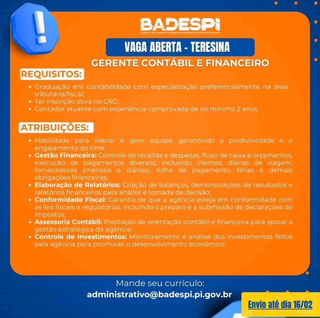 Vaga para Gerente Contábil e Financeiro