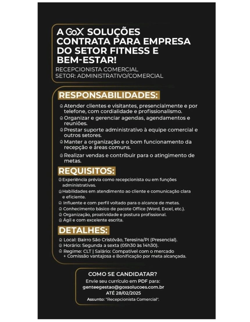 Vaga para Recepcionista Comercial