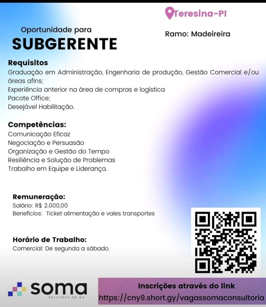 Vaga para Subgerente