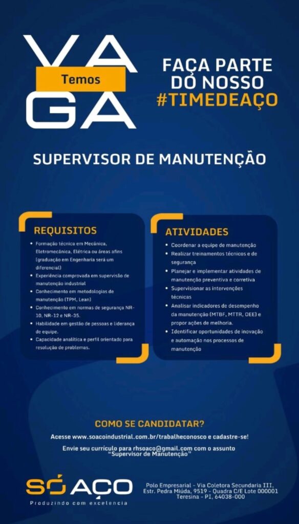 Vaga para Supervisor de Manutenção