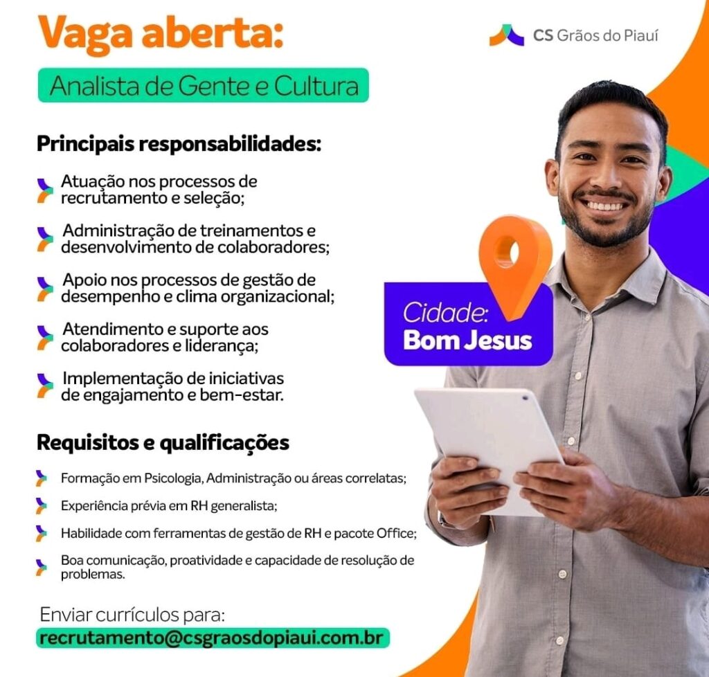 Vaga para Analista de Gente e Cultura em Bom Jesus