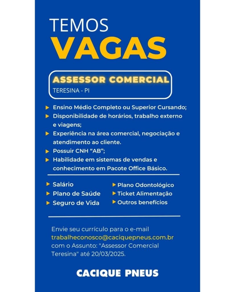 Vaga para Assessor Comercial