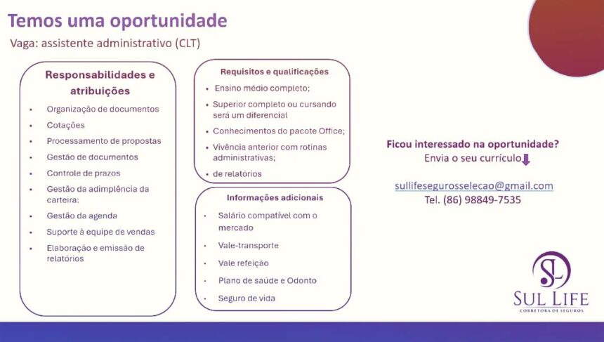 Vaga para Assistente Administrativo