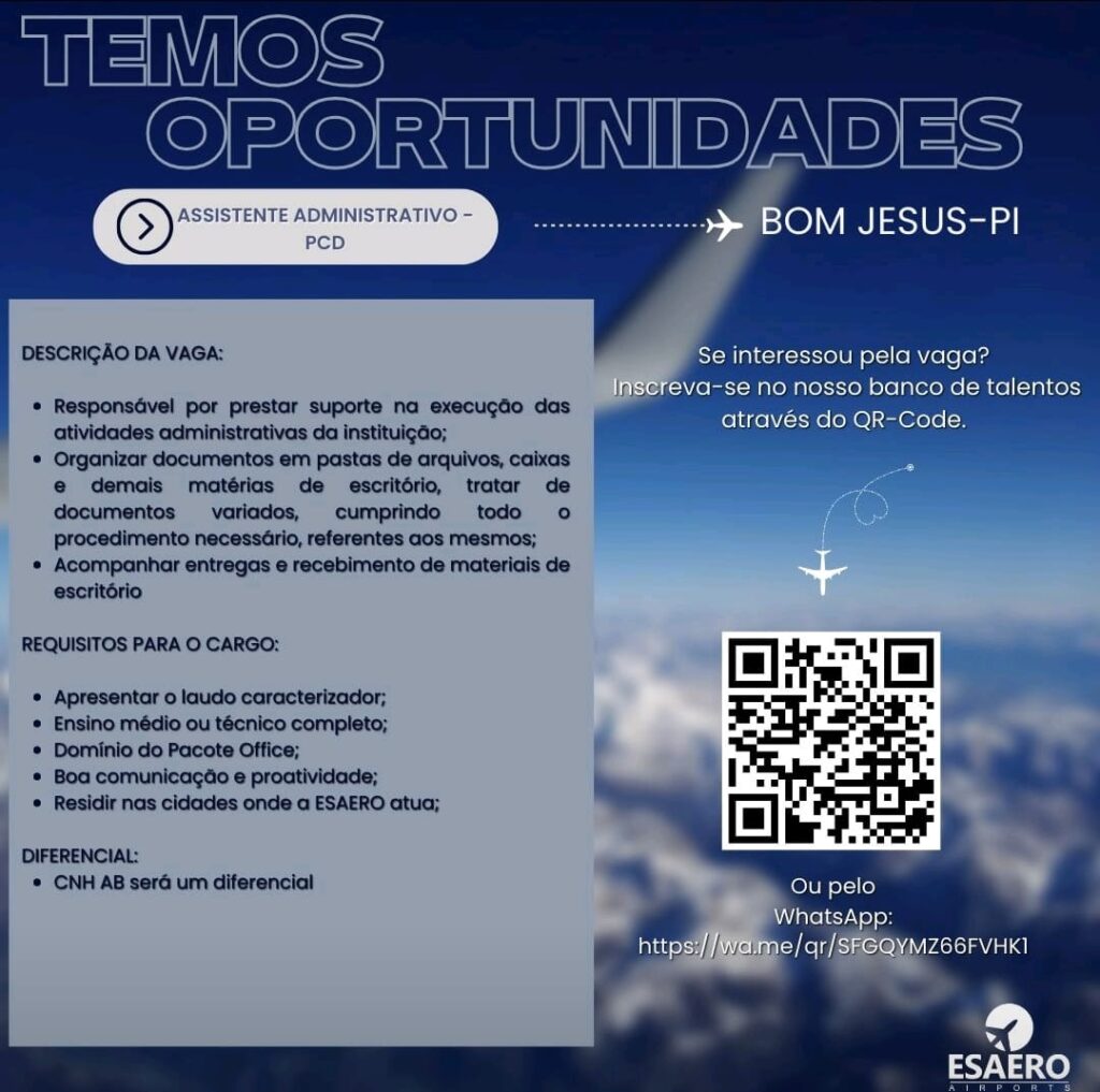 Vaga para Assistente Administrativo PCD em Bom Jesus