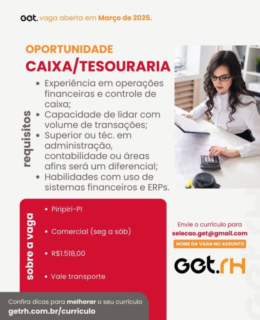 Vaga para Caixa/Tesouraria em Piripiri